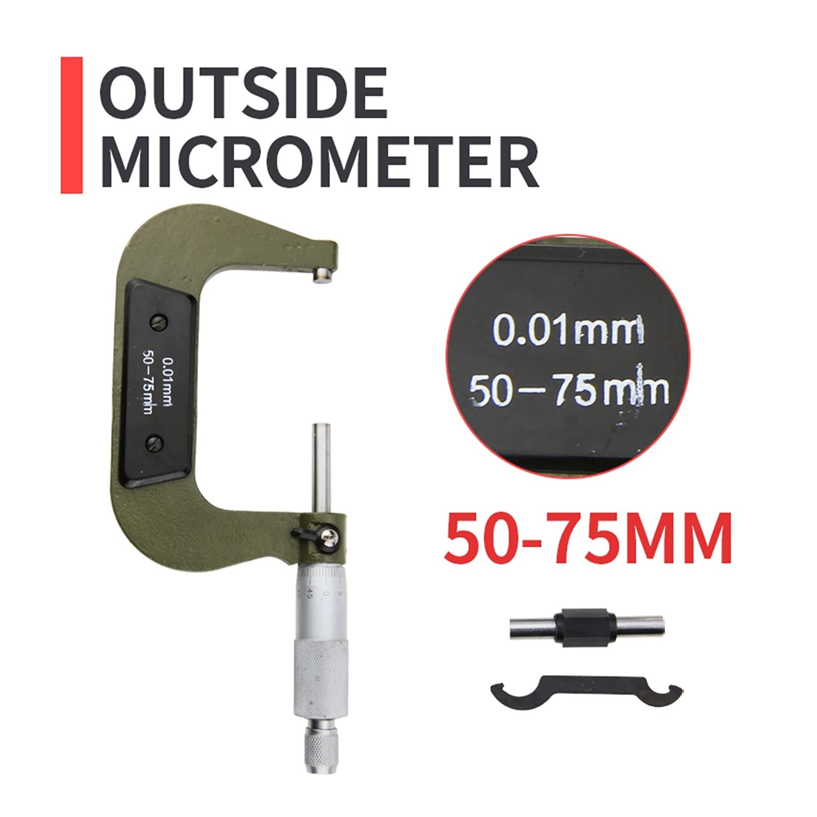 Micrómetro, Micrómetro exterior 0-25mm Medidor de carburo métrico calibrador Herramientas medición Enseñanza(50 75mm Outside)