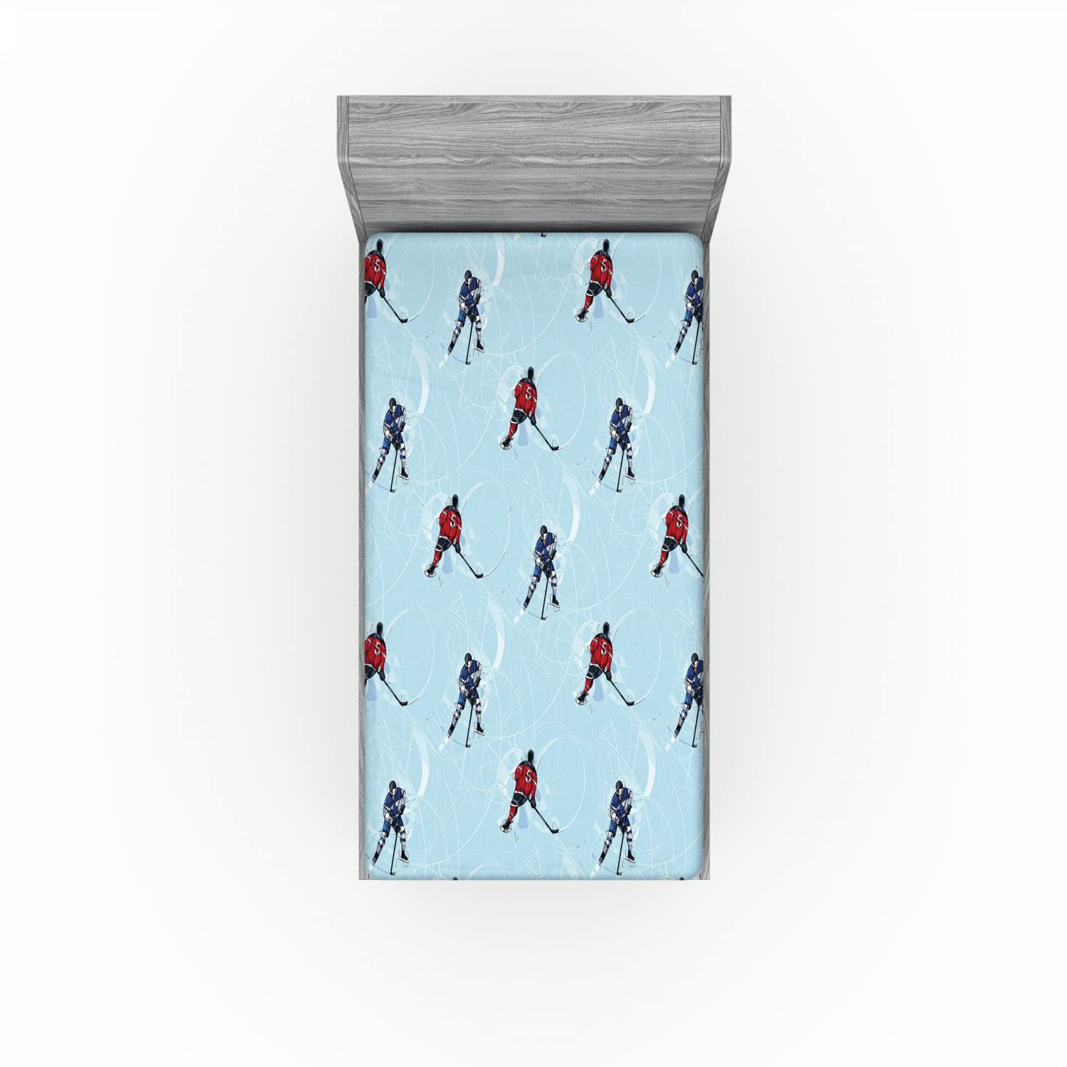 Ambesonne Sport 2 Pack Fitted Sheet, Ice Hockey Pattern Winter, Bed Cover All-Round Elastic Deep Pockets 2 Pieces, Package Contains 2 Twin Size Fitted Sheets, Black Blue