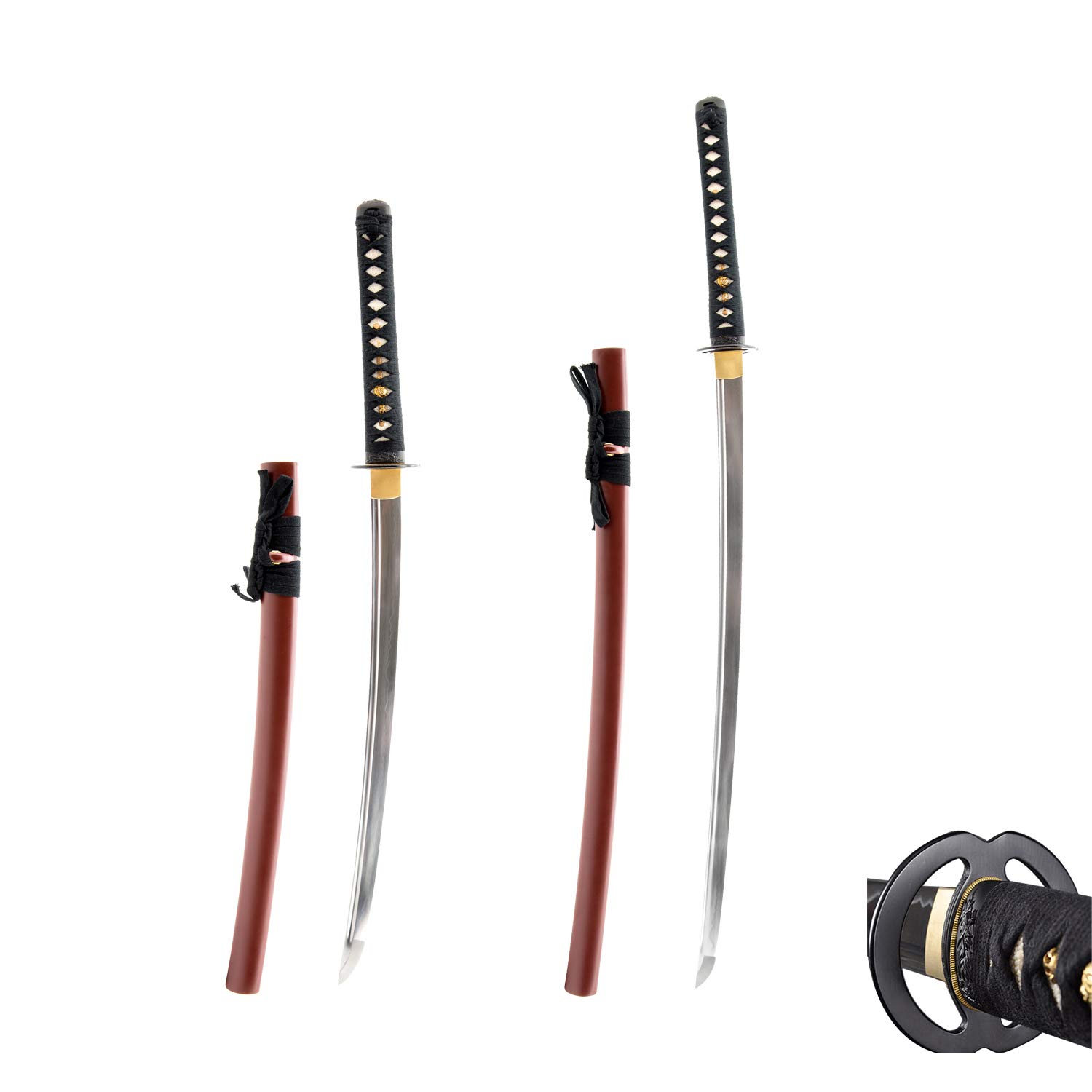 HMS Japanese Samurai Katana and Wakizashi Daisho Combo Set, Musashi Tsuba, Hand Forged Heat Tempered, 1045 Carbon Steel, Black Wooden Scabbard, Sharp, Battle Ready