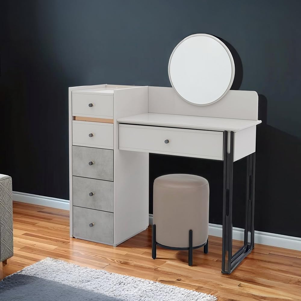 Royaloak Zurich High Gloss Dresser with Ottoman | HDF with High-Gloss Reflective Finish | Gold Plated Design Element | Multiple Drawer Storage | Modern Metal Knobs | Telescopic Channels | Round Mirror-image-14