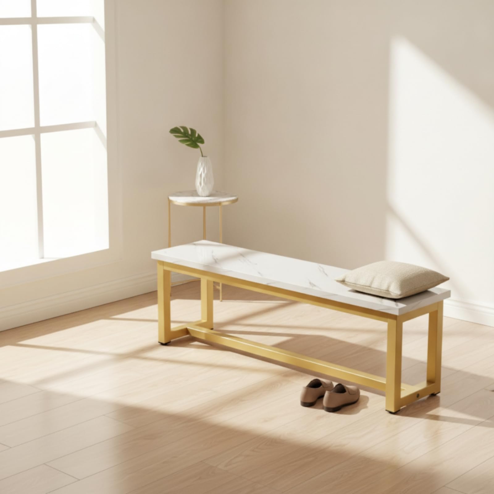 Scarpa Sgabello Riposo Multifunzionale in Ferro Verniciato E Piano a Bassa Manutenzione Adatta per Entrata di, 120cm X 30cm X 45cm, Effetto Marmo Con Struttura Dorata