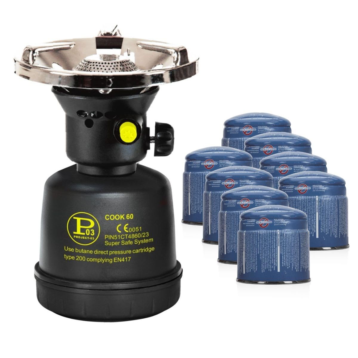 PROWELTEK - Fornello a gas piezo 1300W Scafo Acciaio Fornello a gas Campeggio per cartuccia gas 190g COOK60P