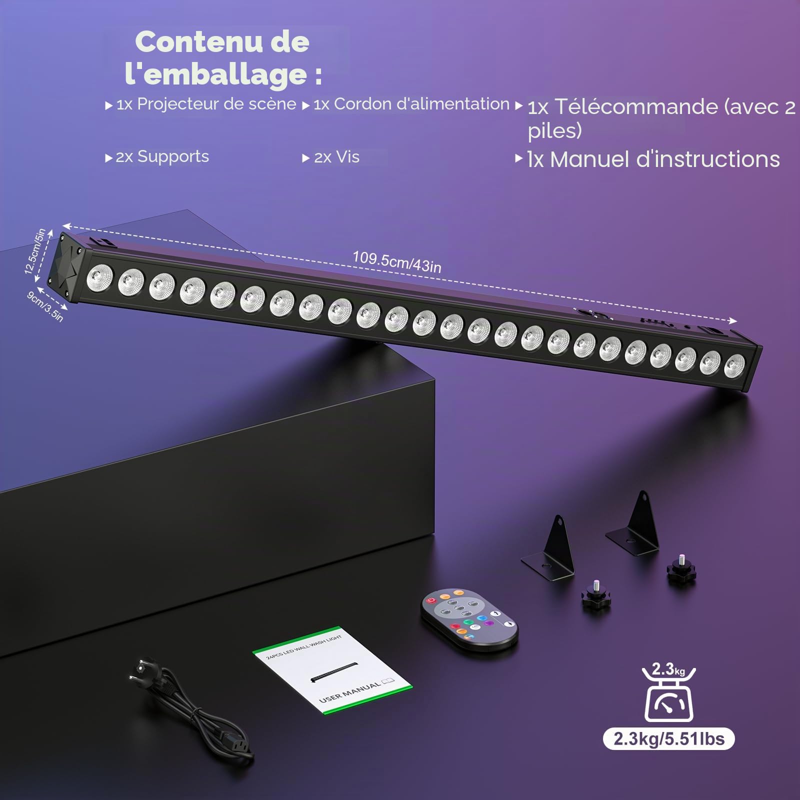 UKing LED Wall Wash Lampe 24LED 72W Lumières de Scène RGB Effet de Lumiere Bar avec Télécommande et Contrôle Sonore dmx Activé pour DJ Fete Éclairage Effets, 1 PCS
