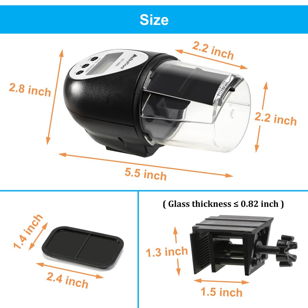 Dimensions of the DaToo Automatic Fish Feeder and its mounting accessories.