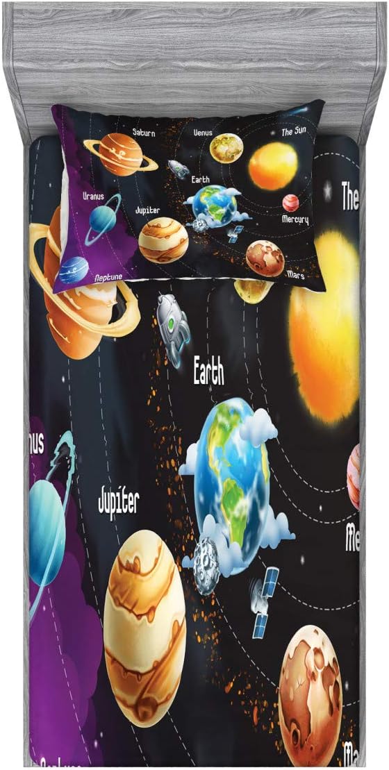Ambesonne Outer Space Fitted Sheet & Pillow Sham Set, Solar System of Planets Milky Way Neptune Venus Mercury Sphere Illustration, Decorative Printed 2 Piece Bedding Decor Set, Twin, Purple Twin Purple