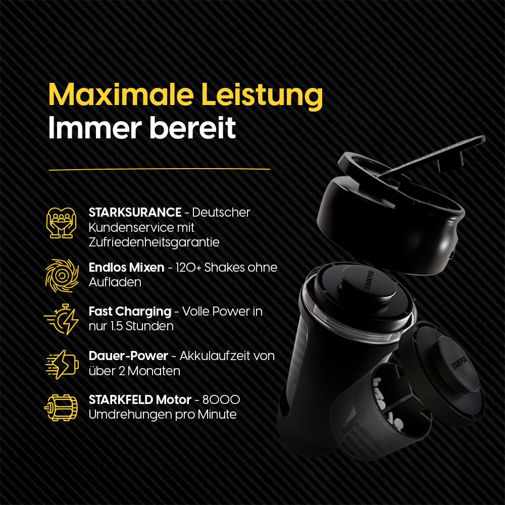 STARKSHAKE V4 – eccellente come miglior shaker elettrico della F.A.Z.-Verlag (2025) | Shaker di proteine elettrico per frullati di proteine | 8000 UPM | USB-C | 120+ frullati | incluso STARKPOD | nero