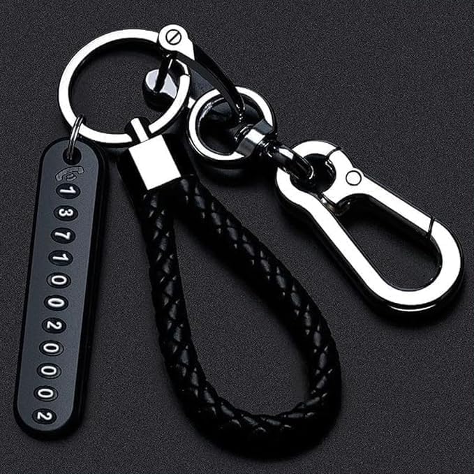 anti-lost car keychain with phone number pendant, black metal tag keychain with leather strap, double pendant keyring for car, bike, office, and home use