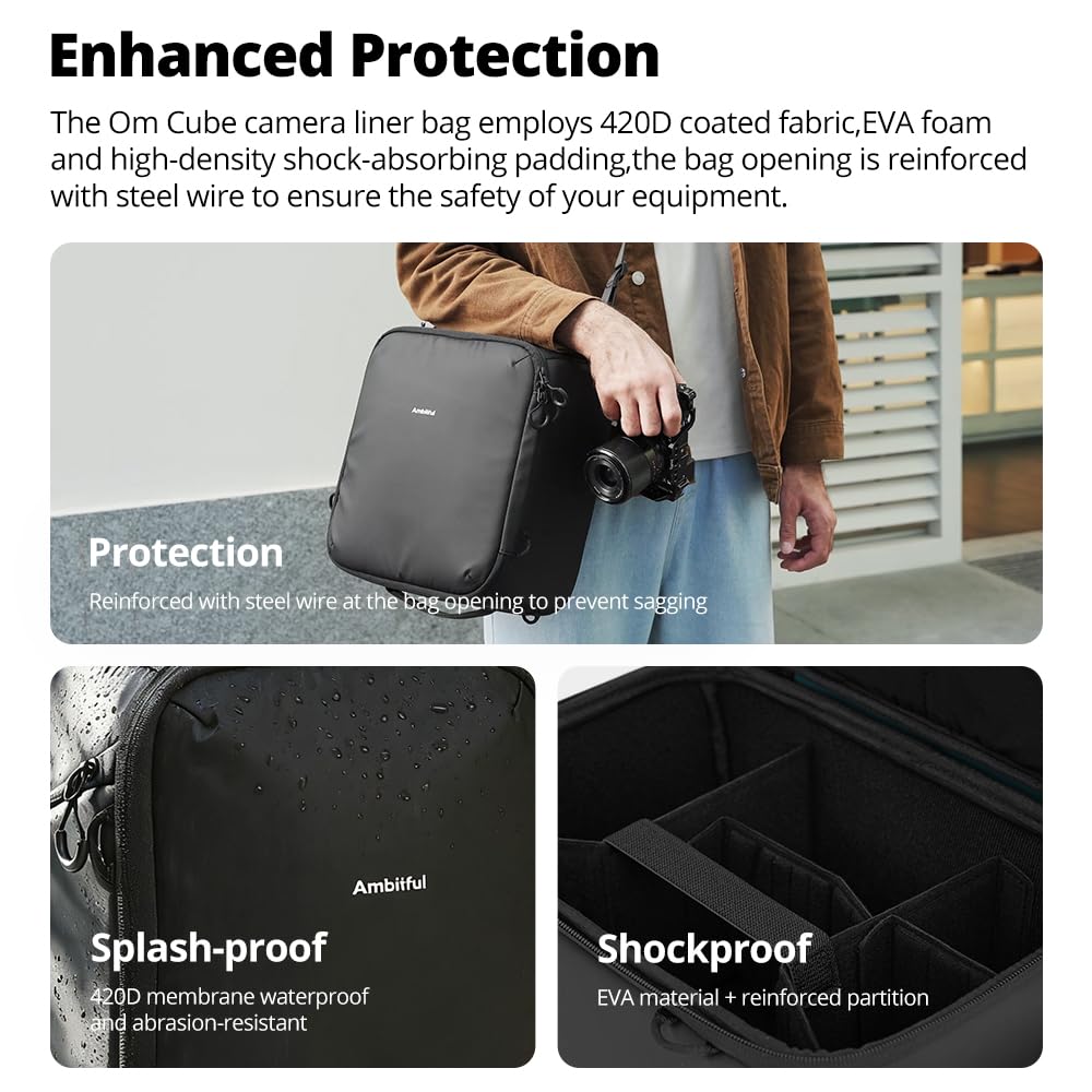AMBITFUL Custodia impermeabile per fotocamera, con divisori fai da te, tracolla rimovibile, borsa imbottita per fotocamera DSLR SLR Mirrorless, compatibile con Canon, Nikon, Sony, nero (Om Cube-S)