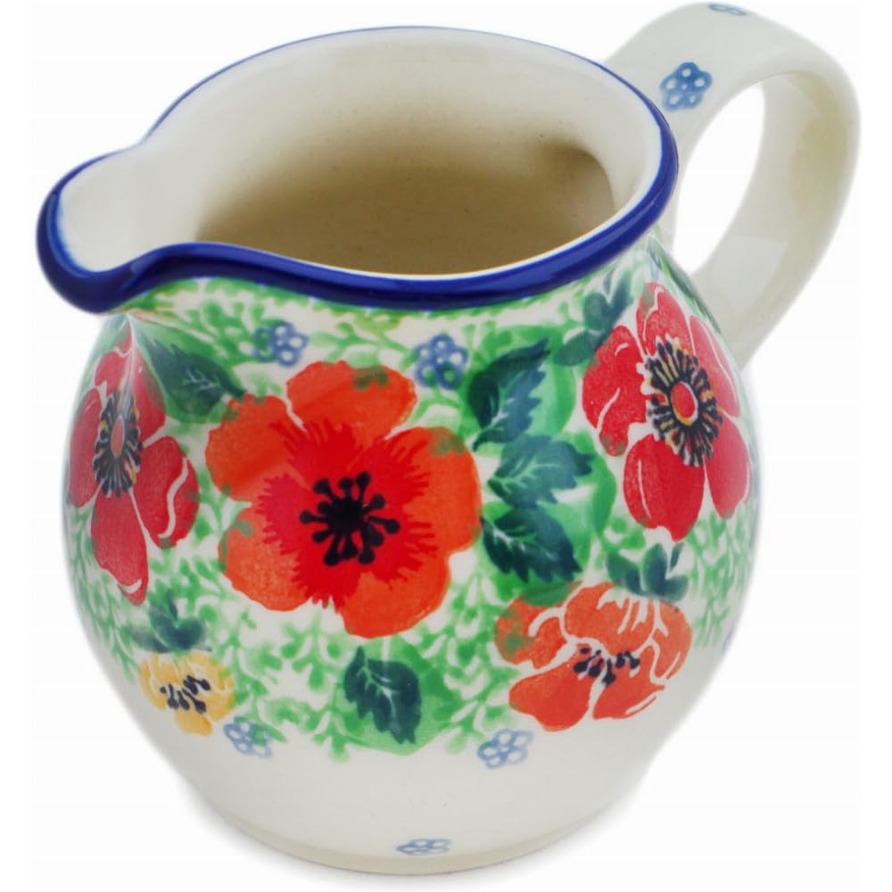 Authentic Polish Pottery Creamer Signature UNIKAT in Candy Red Poppy Design Handmade in Boles?awiec Poland by Ceramika Artystyczna + Certificate of Authenticity