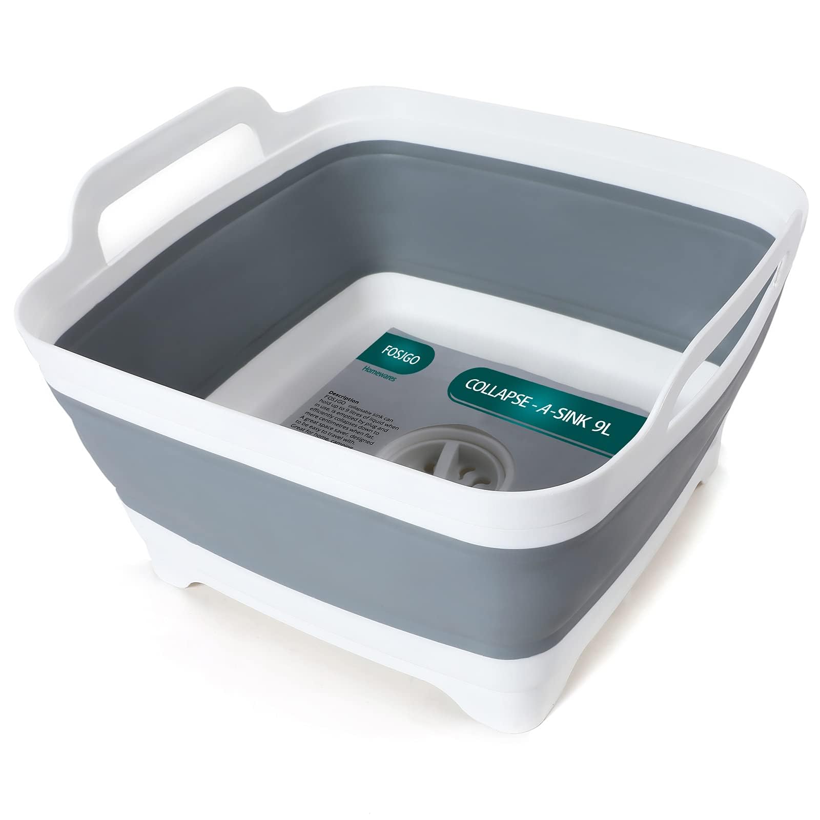 FOSJGO Collapsible Dish Basin with Drain Plug, 2.4 Gal (9L) Space-Saving Foldable Sink, Wash Basin for Kitchen, Baby Bottles, Vegetable Washing, Camping, RV and Party Beverage Tubs (gray)