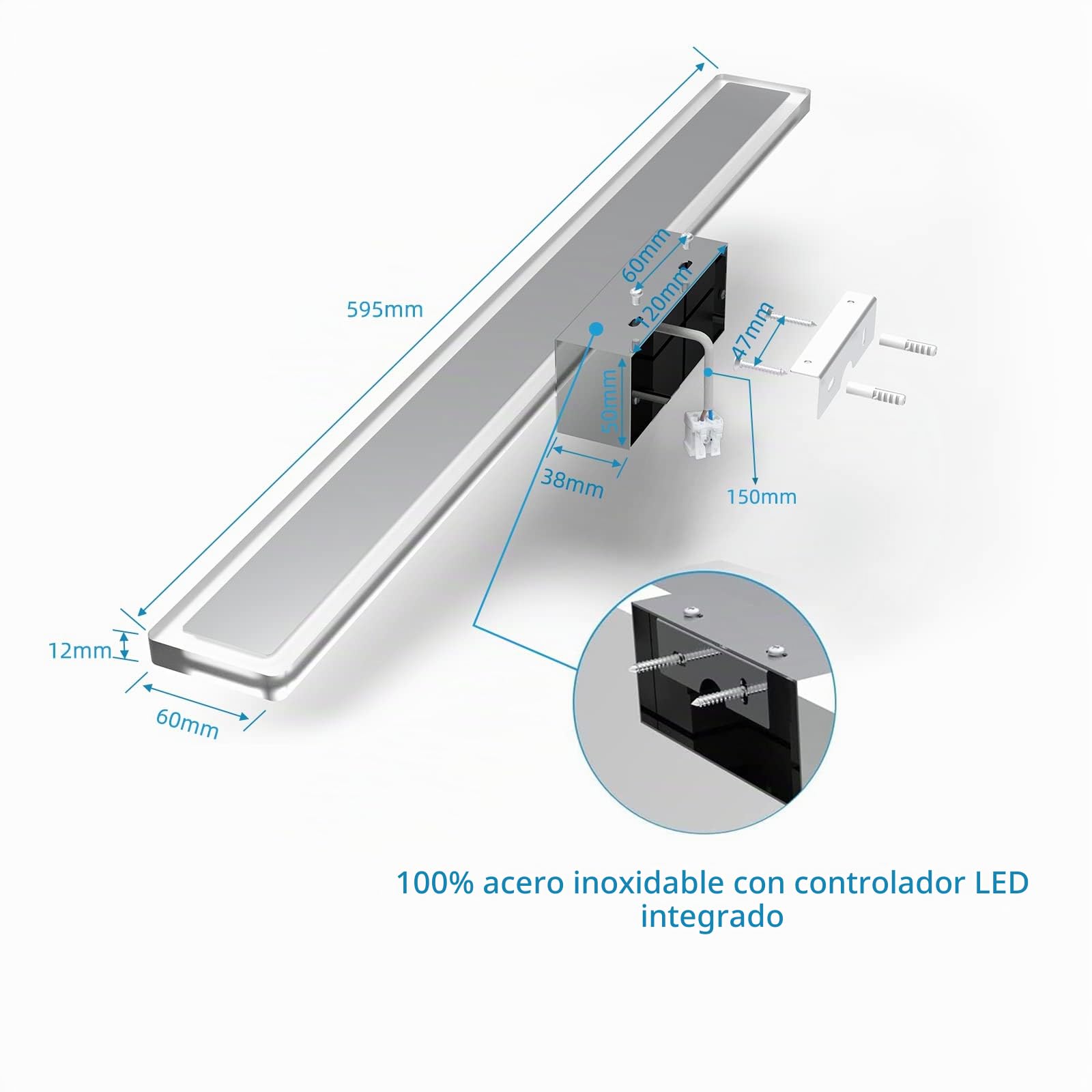 Aplique Espejo Baño 60cm,1600lm LED Lámpara de Pared 15W Acero Inox | IP44 Impermeable Iluminación 1600LM 230V, Blanco Frío 6000K, Lámpara de Acero Inoxidable para Espejo de Baño
