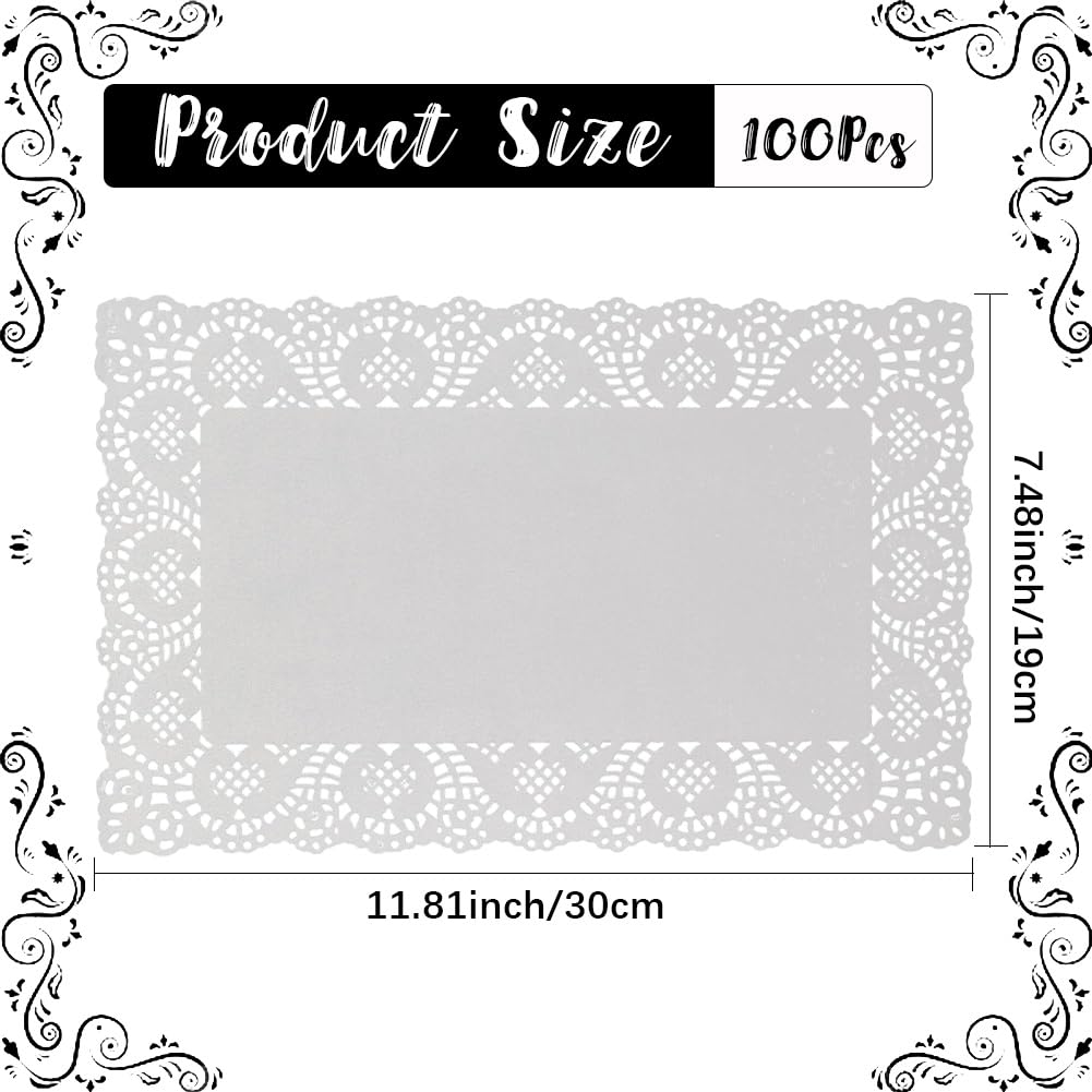 CREATCABIN 100pcs White Rectangle Paper Doilies Greaseproof Lace Paper Doilies Disposable Tableware Decoration for Dessert Trays Fried Food Kitchen Baking Tableware Tables 11.81×7.48 Inch