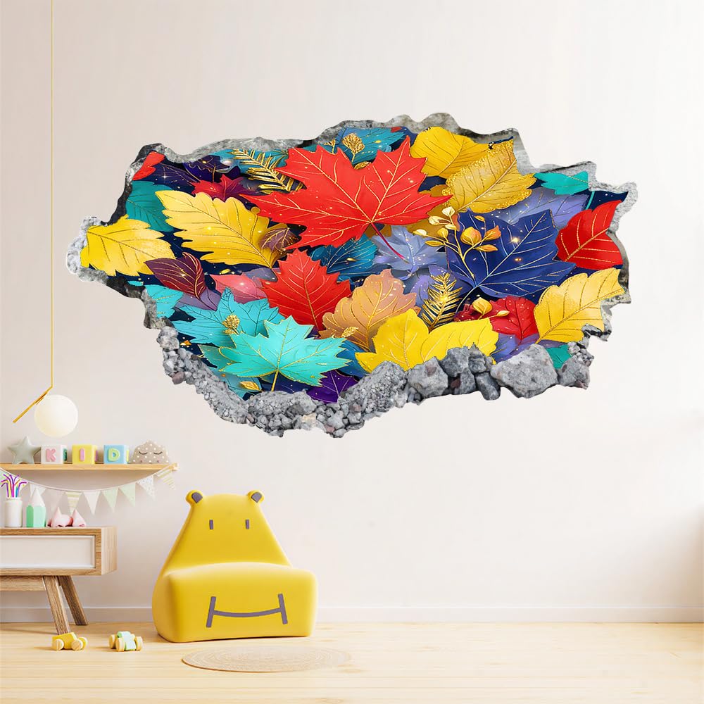 3D Wandtattoo Wanddurchbruch, Ahornblätter Durchbruch Wandaufkleber für Kinderzimmer, sticker für Wohnzimmer, Bunte Blätter Wandsticker, Wandbild Junge Mädchen Schlafzimmer