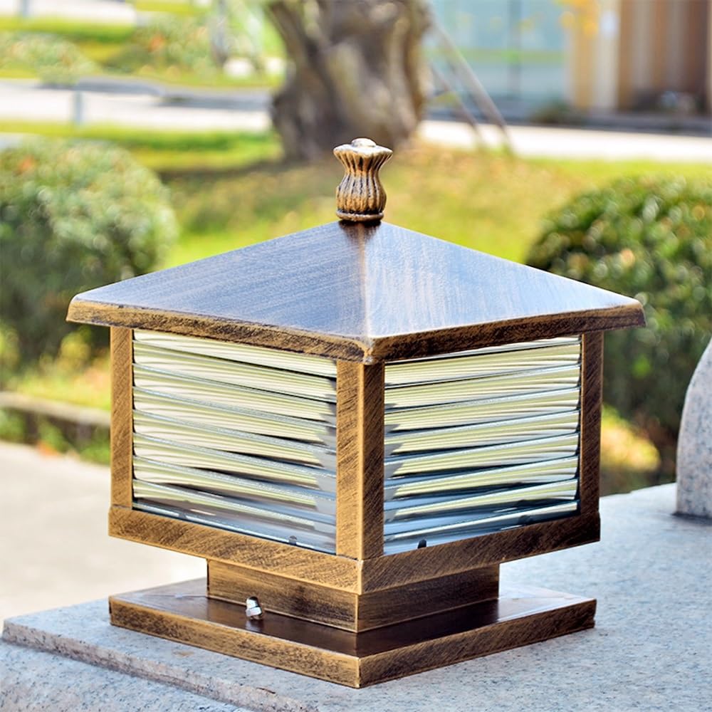 GTHTUHFD Outdoor Post Cap Lights With Striped Glass, Deck Fence Lamp, Column Lighting For Garden Mount Yard Pathway Patio,Width:9.8inch/25cm