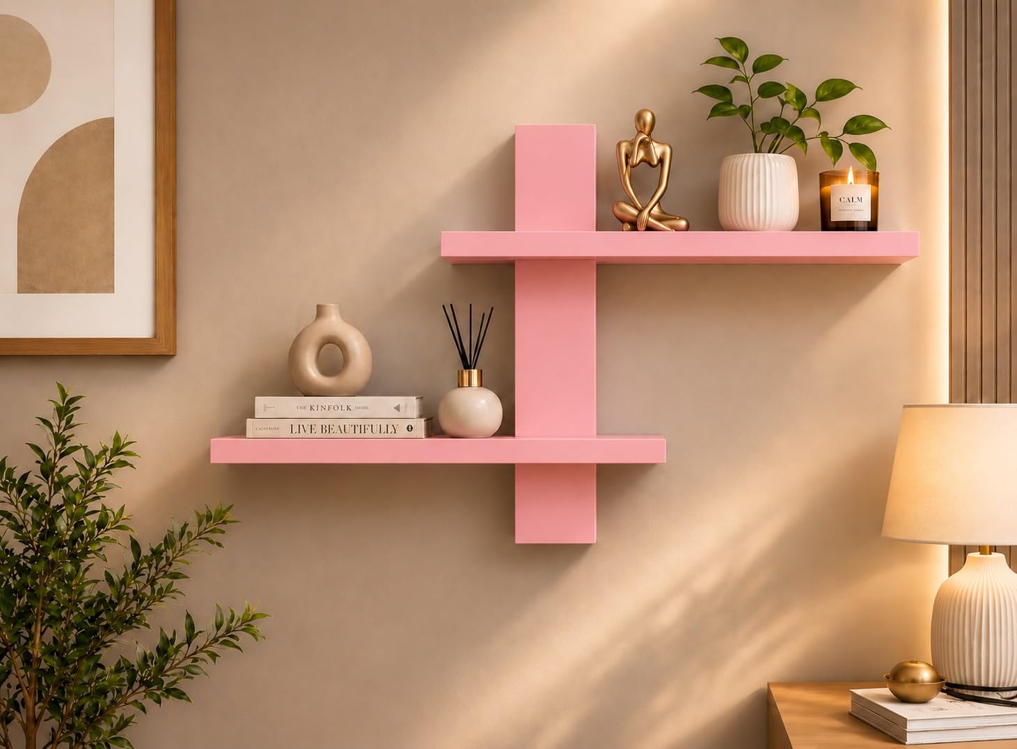 Elcom Pink Wooden Floating Wall Shelf | Modern Wall Mounted Display Shelf for Living Room, Bedroom, Office & Home Decor | Engineered Wood Decorative Storage Rack | Multipurpose Wall Organizer-picture-38
