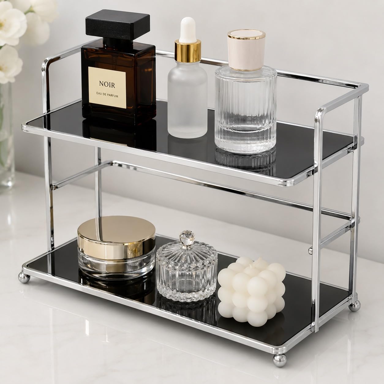 2-stöckiges Regal aus Acryl und Metall, Badezimmer-Arbeitsplatte, Make-up- und Parfüm-Organizer für Küchentheke, Aufbewahrung unter der Spüle (Farbe: Schwarz)