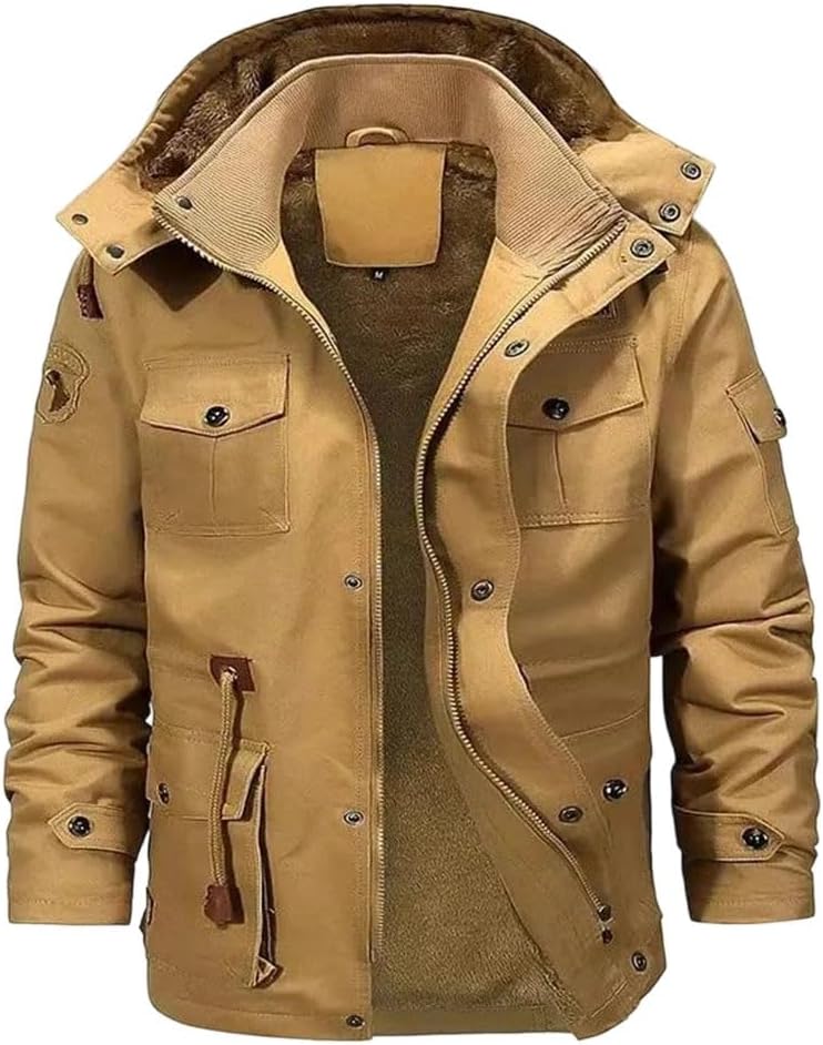 Men's Winter Warm Fleece Inner Jacket Multi Pocket Cargo Bomber Cotton Parkas Coats