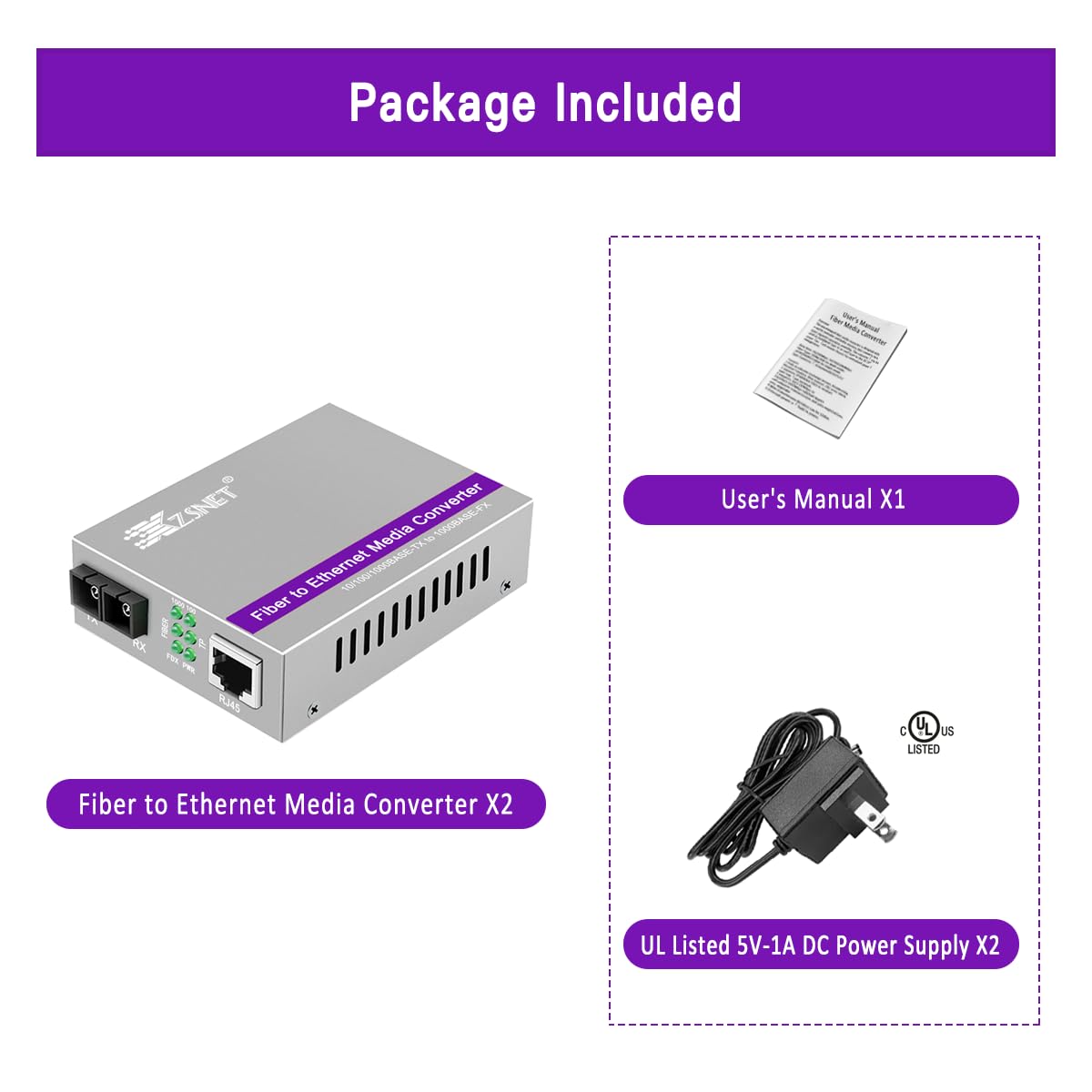 Une paire de convertisseurs Gigabit SC vers RJ45, convertisseur de média fibre vers Ethernet monomode (module intégré, 1310 nm, 20 km), Plug & Play, compatible 10/100/1000 BASE-T,