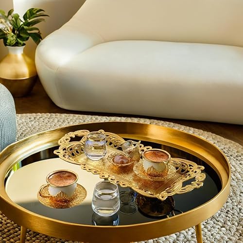 Miniatura 8 de LaModaHome Taza de café espresso dorada con platillo, bandeja de vidrio de agua y cuenco de delicias para 1 persona, juego de café turco árabe