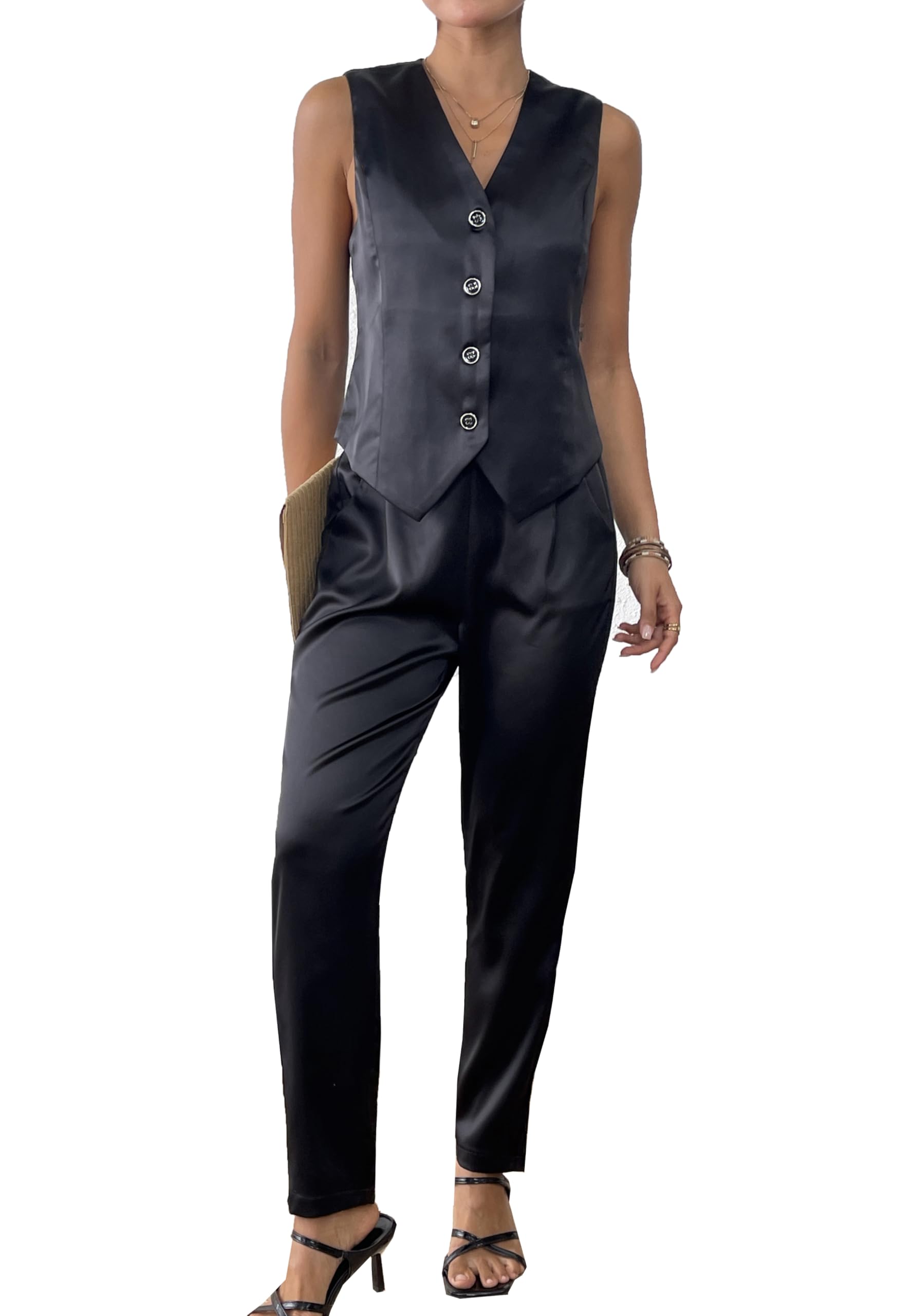 Womens 2 Piece Outfits Satin Suit Vest Waistcoat Dressy Business Casual Work Sets Tapered Pants Suits