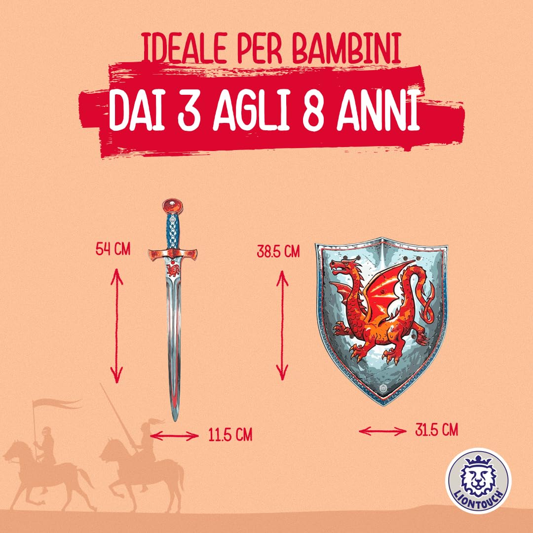 Liontouch - Spada e Scudo in Gommapiuma Drago d'Ambra per Ragazzi da 3 a 8 Anni | Set da Cavaliere Medievale Gioco di Ruolo con Drago Rosso | Armi Sicure e Accessori per Battaglie, Costumi da Bambino