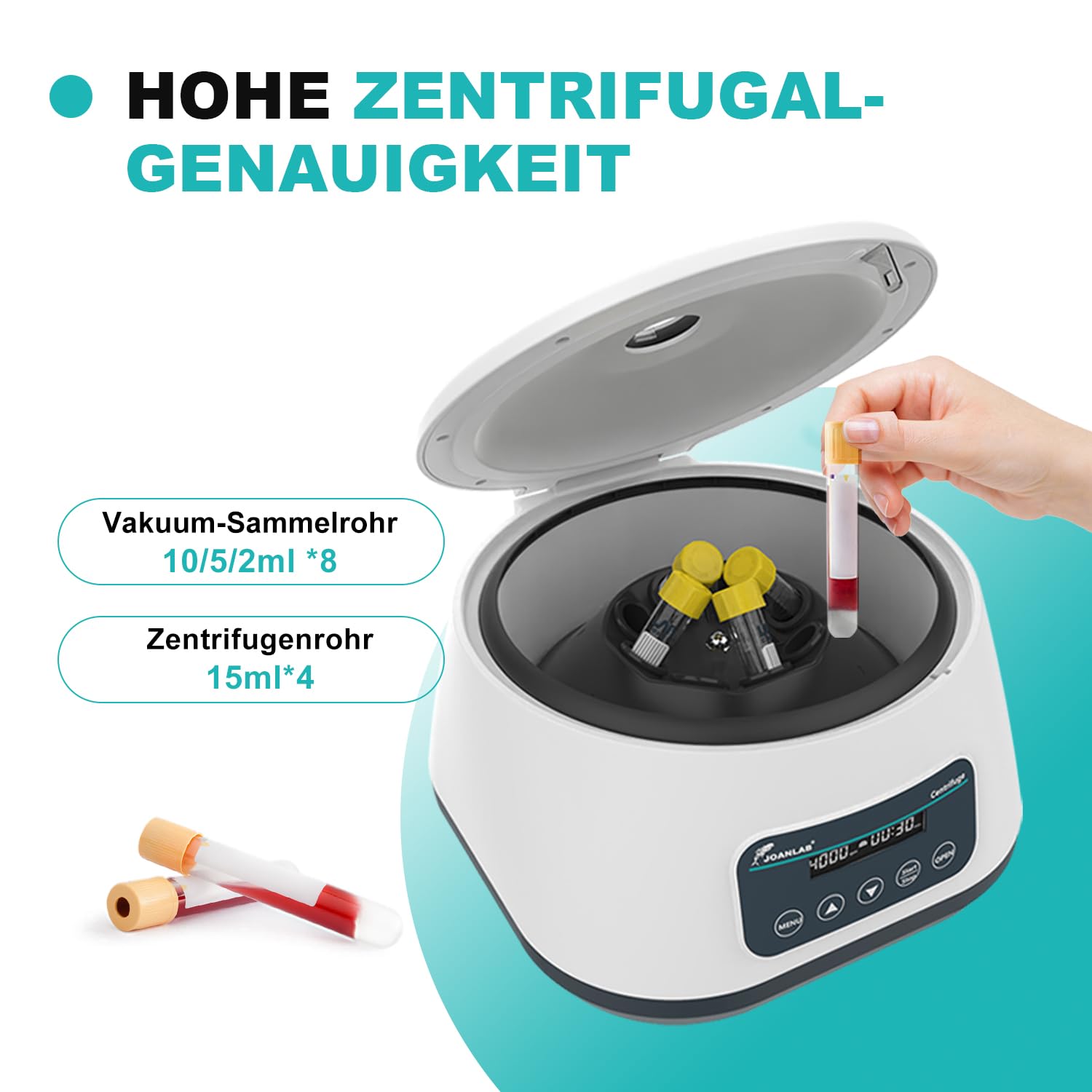 JOANLAB LC-400 Centrífuga de Baja Velocidad para PRP/PRF, 4000 RPM, 2173 xg, Temporizador 30s-59min, para 4x15ml u 8x2/5/10ml Tubos
