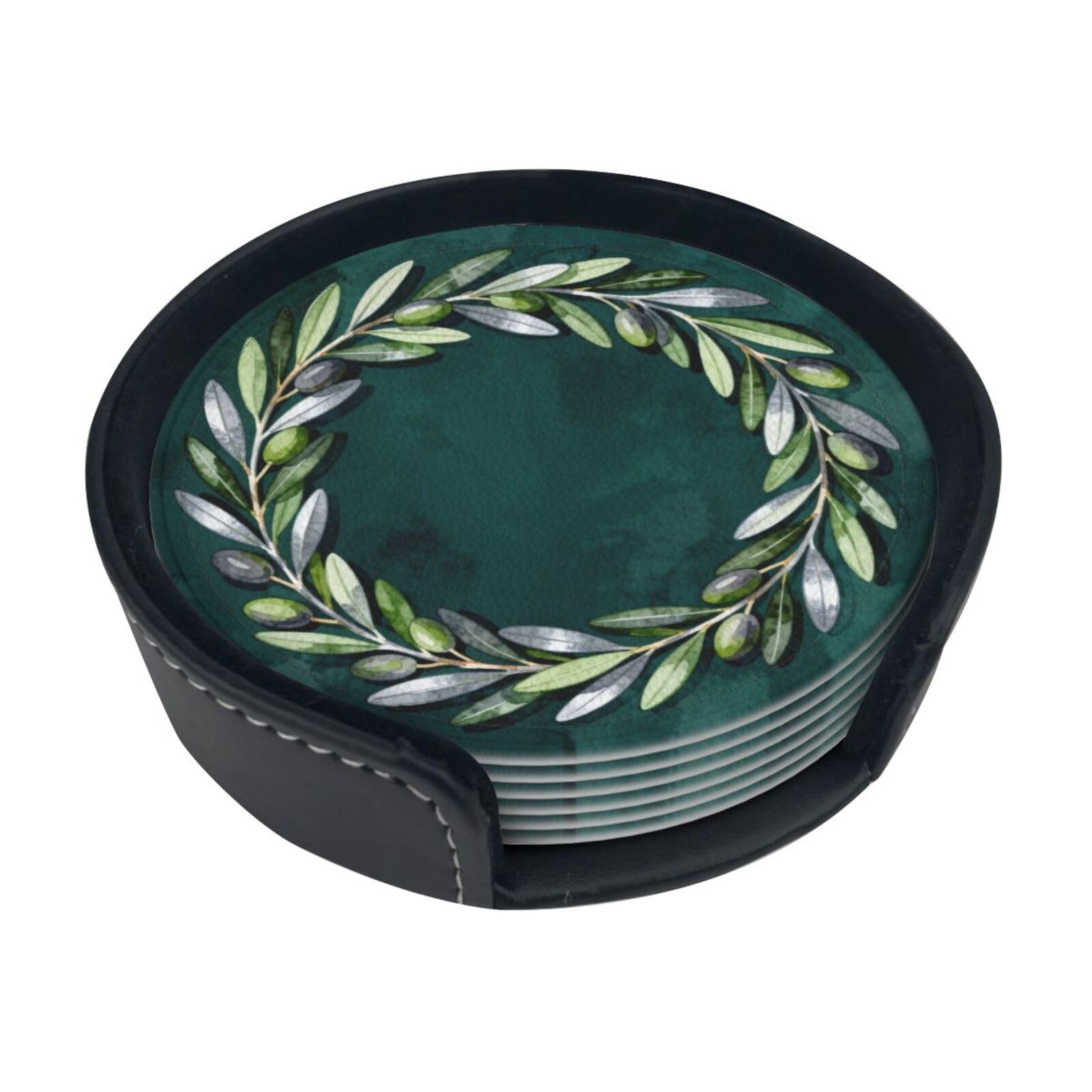 Cntdbu White Olive Branch Wreath Leather Coasters Set Of 6-Pu Leather Drink Mats For Table, Heat Resistant Round Coasters With Holder