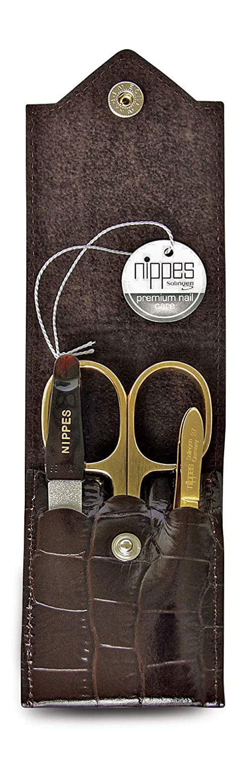 nippes Solingen Kit de manucure Croco 3 pièces, nickelé et plaqué or, kit de soin des ongles, étui en cuir de vachette au design croco, manucure pédicure, fabriqué en Allemagne