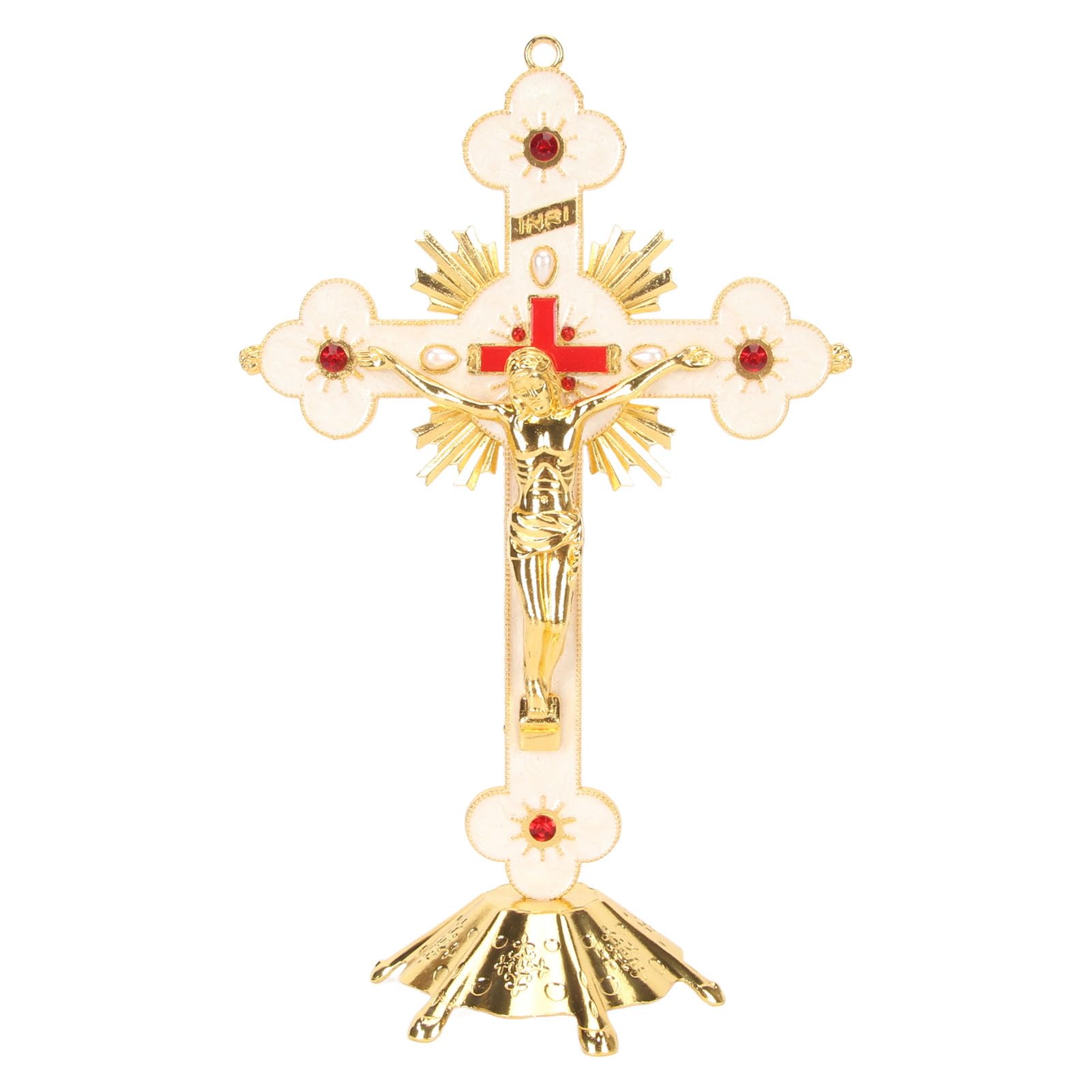 Fockety Stojący Krzyż Znakomity Metalowy Krzyż Stojący Elegancki Retro Retro Krzyż Krzyż Czerwony Rhinestone Dekoracji Z Podstawą Katolicki Krzyż Jezusa Długotrwały