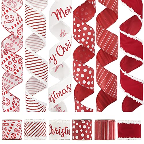 HUIHUANG Christmas Wired Red Christmas Tree Ribbon - 6 Rolls Red and White Candy Cane Ribbon for Tree, Gift Wrapping, Wreath, Garland, Home Decor (2.5