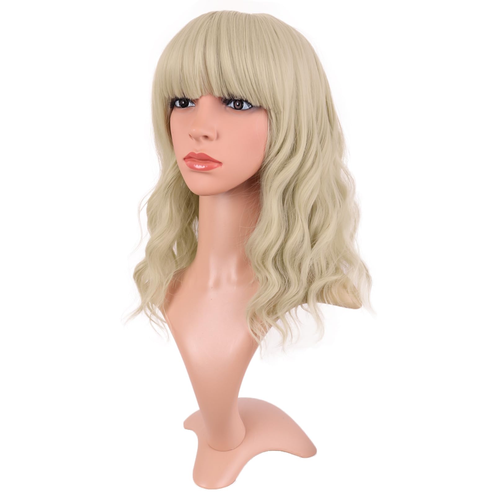 MapofBeauty 14 Inch/35 cm Short Wavy Curly Women Fresh Bright Synthetic Ordinary Flat Bangs Bob Wig (Blonde) - Image 3