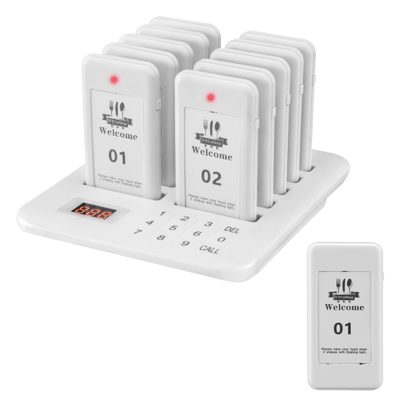 Restaurant Pager,Pagers for Restaurants 10 Guest Pagers,Buzzers Social Distancing, 98 Chanels with Vibration, Flashing and Buzzer for Food Truck, Restaurant, Food Court（White）