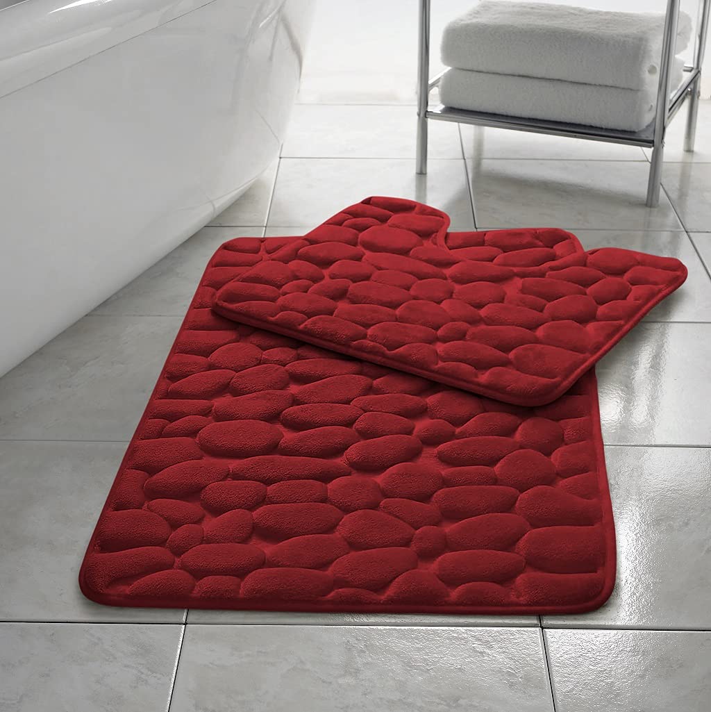 HomeSpace Direct Pebbles Non- Slip Memory Foam Bath Mat/Toilet Mat Set Red