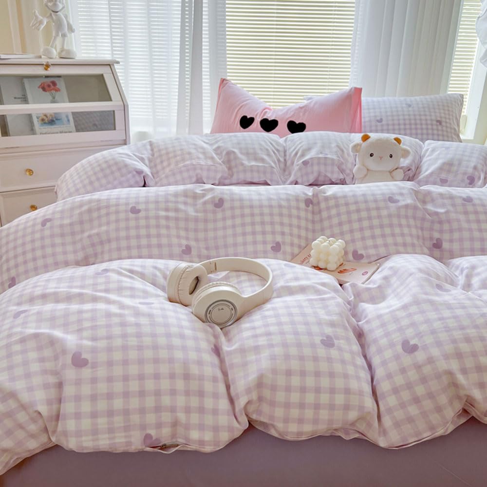 Nyescasa King Duvet Cover Sets Purple Gingham Grid Heart Cute Super Soft Microfibre Bedding Set for Kids Girls Women Checked Plaid Love Hearts Aesthetic Quilt Cover 220x230 and 2 Pillowcases 50x75 cm — image 1