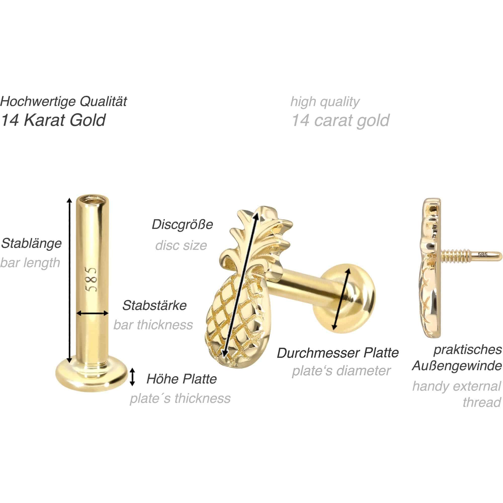 PIERCINGLINE Piercing Stecker 14 Gold Labret mit Innengewinde ANANAS 585er Gold - Roségoldfarben, Goldfarben, Silberfarben