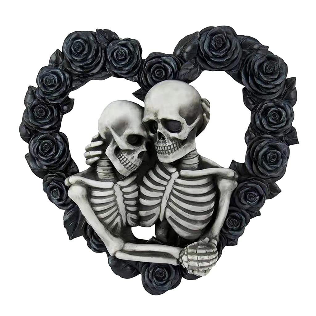 Halloween Gothic Couple Skull Wreath Heart Black Rose Skeleton Lover Garland Skull Wreaths for Front Door