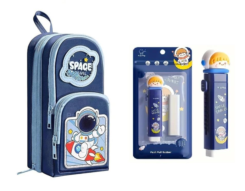 Image of WORSHIPER Kawaii Cute Pencil Pouch with Push Pull Eraser Set for Kids | Premium Canvas Zipper Stationery Organizer Box with Cartoon Design | Gift Combo for Boys & Girls (Space Blue + Earser)