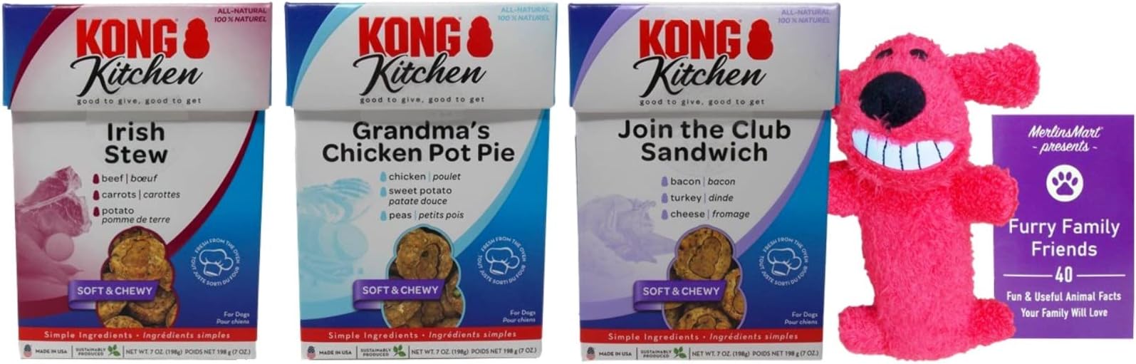 Kong Kitchen Soft & Chewy Dog Treats 3 Flavor Variety - (1) Each: Irish Stew, Grandma's Chicken Pot Pie, Join The Sandwich Club (7 Ounces) Plus Squeak Toy and Fun Animal Facts Booklet Bundle