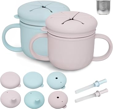 2 Pack Stainless Steel Toddler Snack Cups No Spill, 10oz BPA-Free Detachable Snack Cups with Silicone Lids, Reusable Multifunctional Snack Containers for Toddler and Baby