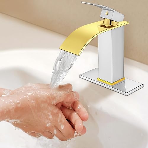 Miniatura 5 de Midanya Grifo de lavabo de montaje en cubierta de un solo agujero, grifo de lavabo de baño en cascada, grifo de baño de cascada de oro pulido, grifo