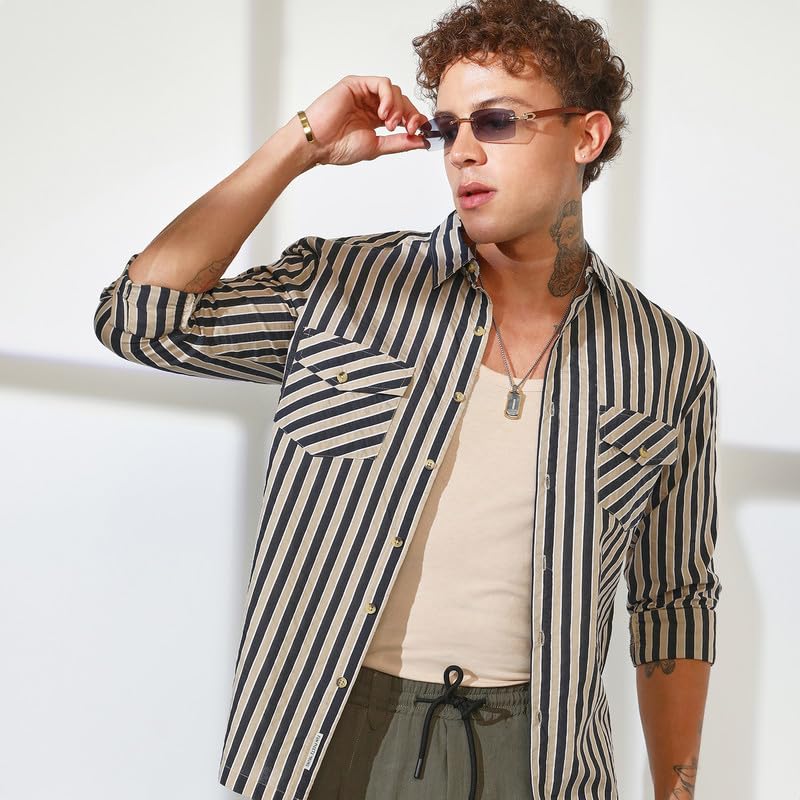 Image of CAHOOT Men's Multitrack Striped Oversized Shirt for Casual Wear | Spread Collar | Long Sleeve | Button Closure | Oversized Shirt Crafted with Comfort Fit for Everyday Wear
