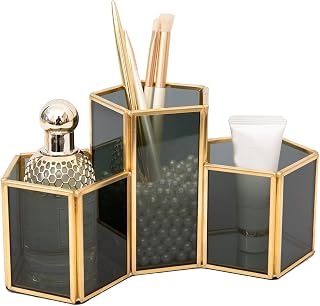 HARLIANGXY Makeup Brush Holder Cosmetic Organizer - Vintage Makeup Brush Organizer - Brush Holder Pot - Black Glass & Metal Makeup Brush Holder with 3 Compartments - Gold