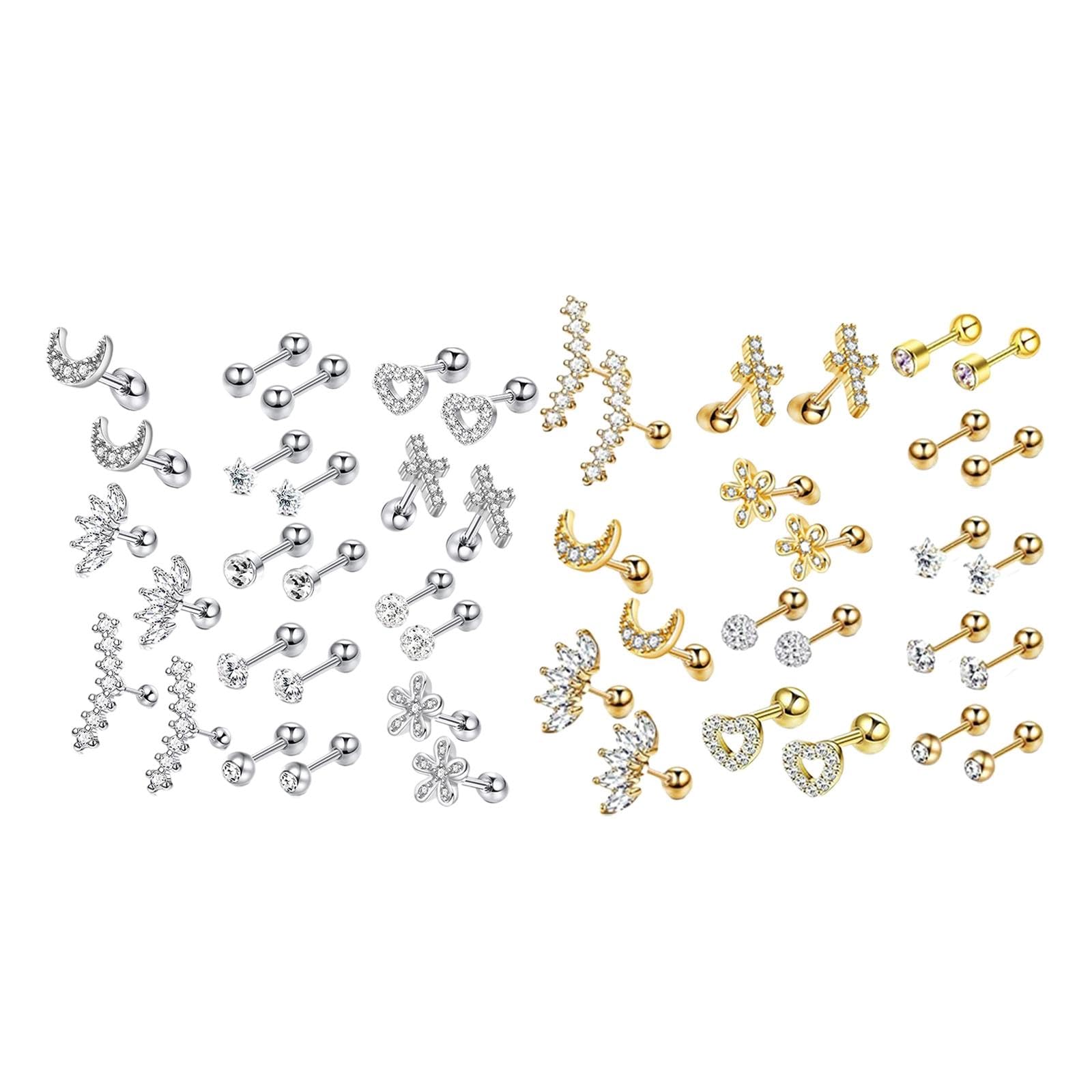 24Pcs Stud Earrings Set Flatback Gifts Barbell for Men Women Silver'|Earrings'-image-40