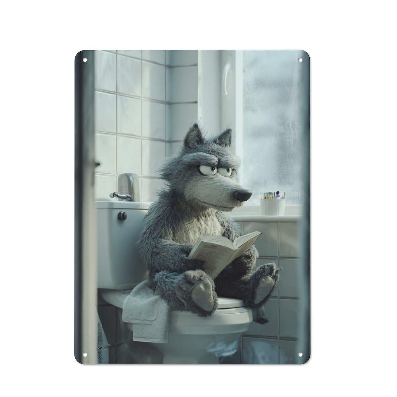 Junmoney Style-19 Garage Style Wolf Reading On The Toilet Decorative Metal Plaque 40X30cm, Garage Wall Decor For Workshop, Basement, Shed Or Games Room