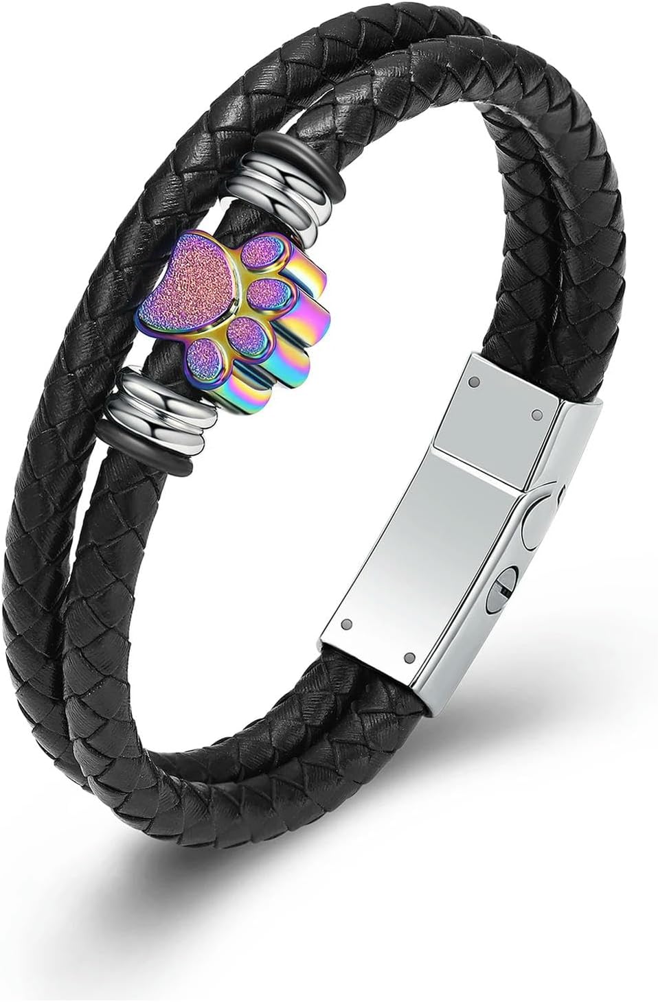 Pet Cremation Bracelet for Ashes Paw Urn Memorial Jewelry Double Layer Braided Leather Wristband Bangle Dog Cat Keepsake Gift-Colorful-24cm