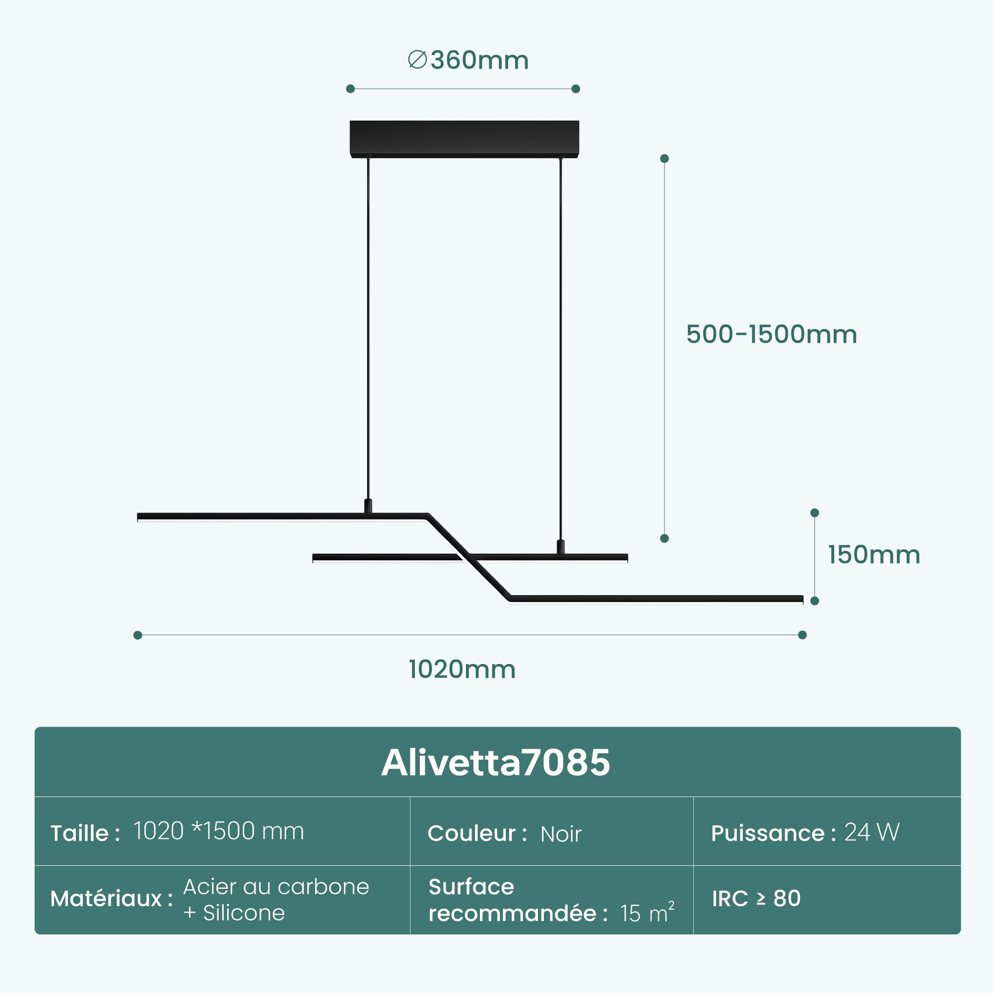 Mai & Mai Lustre 3000/4000/6000K Câble Réglable Lumières Suspension pour Cuisine Chambre Salon Noir 105cm