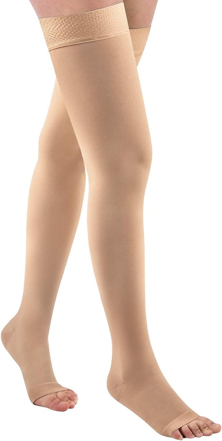 Thigh High Compression Stocking for Women Men Circulation, Open Toe Compression Socks 20-32 mmHg Graduated Support with Silicone Dot Band Comfortable Fit for Nurses, Flying, Travel(Beige, M)