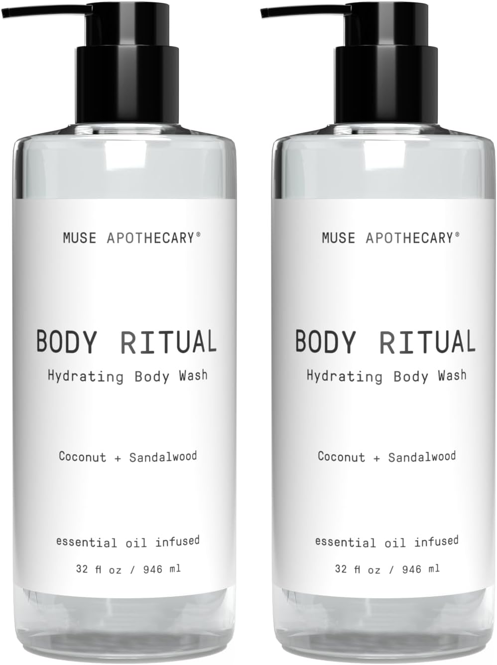 Muse Bath Apothecary Body Ritual Hydrating Body Wash - Coconut Sandalwood Body Wash for Women & Men - Essential Oil Infused Aromatherapy Body Wash Women - Natural Body Wash for Women - 32 Ounce, 2 Pack