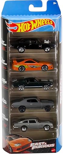 Hot Wheels Paquete de 5 autos de juguete, juego de 5 autos de carreras y deriva rápidos y furiosos en escala 1:64 con decoraciones exclusivas (los