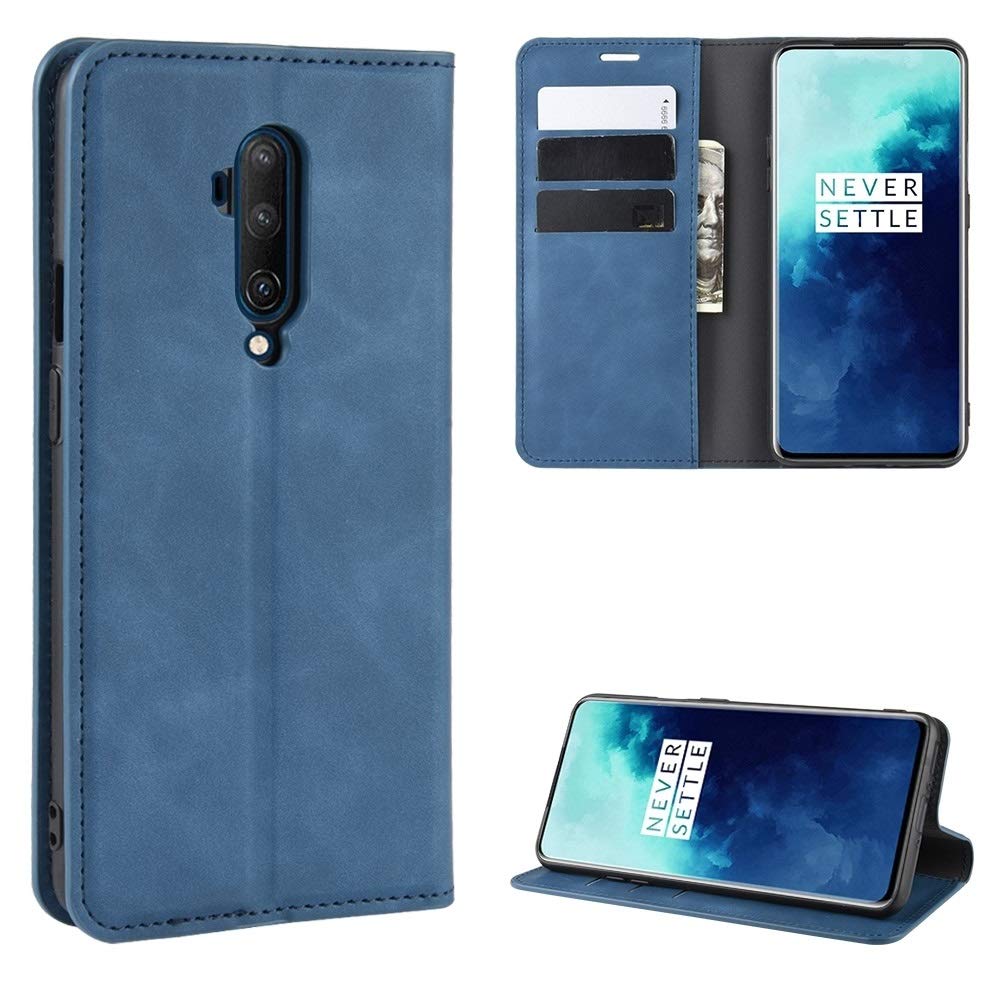 CAIFENG Phone Cover Case for OnePlus 7T Pro Retro-Skin Business Magnetic Suction Leather Case with Purse-Bracket-Chuck Protective Shell (Color : Dark Blue)